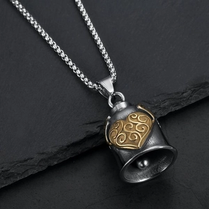 Retro motorcycle guardian bell necklace with golden heart wings and steel chain