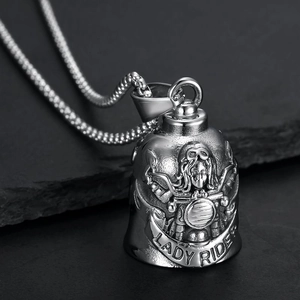 Lady Rider Vintage Stainless Steel Guardian Bell Pendant Necklace Motorcycle Relief Biker Bell Charm For Women Biker Jewelry