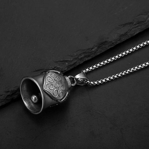 Vintage oxidized silver motorcycle guardian bell pendant necklace with heart wing relief