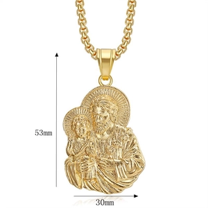 Hip hop style gold plated holy family religious pendant necklace with box chain 53x30mm