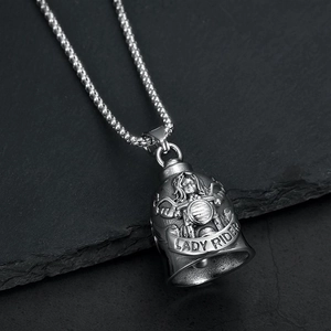 Retro stainless steel bell necklace with Lady Rider motorcycle relief on rock background