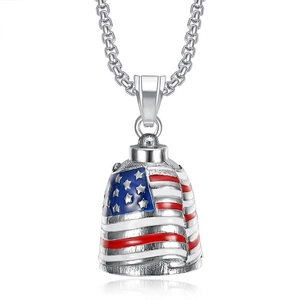 Polished stainless steel American flag motorcycle bell pendant with a box chain necklace