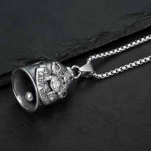 Vintage stainless steel Lady Rider motorcycle bell pendant with relief and box chain