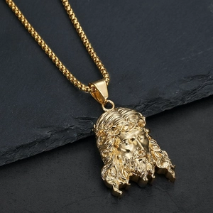 Gold stainless steel Jesus pendant necklace with crown of thorns on black stone