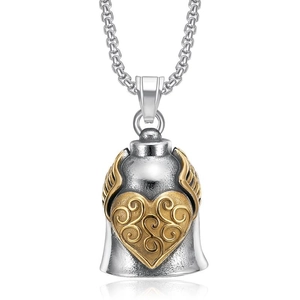 Retro stainless steel motorcycle bell necklace with golden heart wings and silver chain