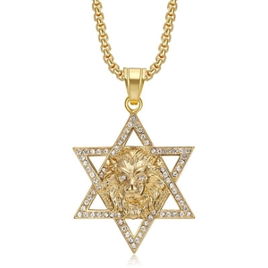 Collier hip hop doré avec hexagramme orné de cristaux et pendentif tête de lion détaillé