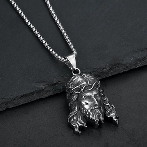 Hip hop style Jesus head pendant necklace in matte silver stainless steel on rock