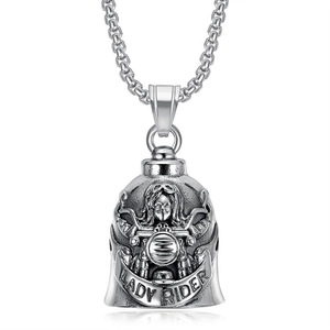 Vintage stainless steel lady rider bell pendant necklace with silver pearl chain