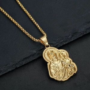 Hip hop stainless steel gold plated Holy Family pendant necklace with box chain