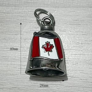 Polished stainless steel bell keychain with Canadian maple leaf flag design and size info