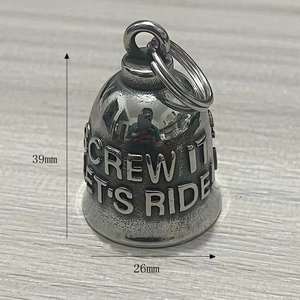 Close-up of vintage stainless steel biker bell with Let's Ride embossed text and dimensions