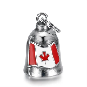 Polished stainless steel maple leaf bell keychain with Canadian flag enamel detail