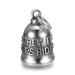 Vintage stainless steel guardian bell pendant with Screw It Let's Ride engraving for bikers