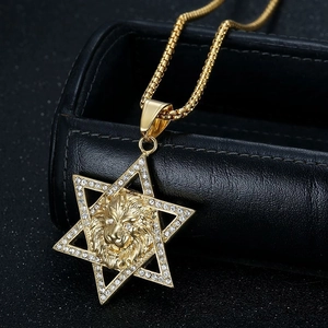 Collier Pendentif Tête de Lion Étoile de David en Acier Inoxydable Hip Hop Avec Strass pour Hommes Femmes