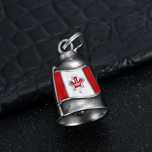 Vintage stainless steel guardian bell keychain with Canadian maple leaf enamel design