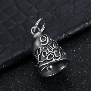 Pendentif cloche de moto vintage en acier inoxydable avec reliefs Love et Rockin