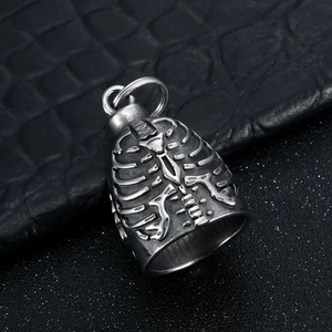 Vintage stainless steel skeleton rib cage motorcycle bell pendant with antique silver finish