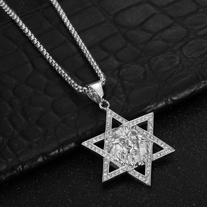 Collier hip hop en acier argenté pendentif hexagramme tête de lion avec strass blancs