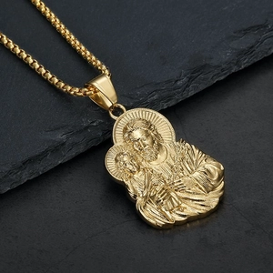 Hip Hop Stainless Steel Religious Saint Joseph Pendant Necklace For Men Women Iced Out Rhinestone Relief Religious Jewelry Gift