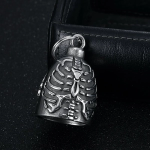 Vintage stainless steel skeleton rib cage motorcycle bell pendant with antique finish