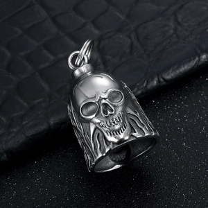 Retro stainless steel motorcycle rider skull bell pendant with vintage silver finish