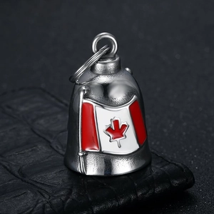 Retro Stainless Steel Canada Maple Leaf Flag Guardian Bell Keychain Polished Motorcycle Protection Bell Pendant Jewelry For Men Women