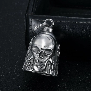 Vintage stainless steel motorcycle guardian bell pendant with a detailed skull design