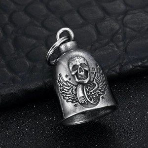 Vintage silver punk guardian bell keychain with skull and winged wheel embossments