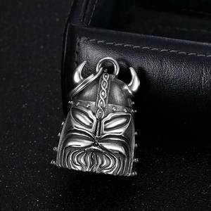Vintage stainless steel Viking helmet bell keychain with rustic warrior armor finish