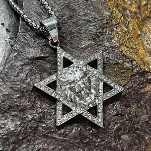 Détail du pendentif tête de lion hexagramme en argent avec diamants et chaîne box