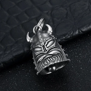Retro stainless steel Viking helmet guardian bell keychain with detailed warrior carving