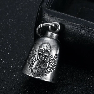 Retro winged skull stainless steel guardian bell pendant with vintage silver finish and ring