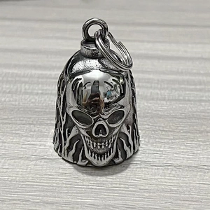 Vintage stainless steel skull guardian bell pendant with flame textures for bikers