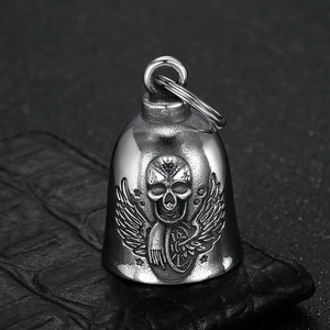 Stainless steel motorcycle guardian bell with vintage skull and wings relief design