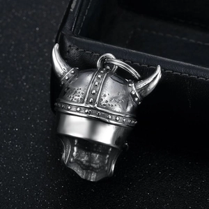 Vintage stainless steel Viking helmet guardian bell pendant with a retro silver finish