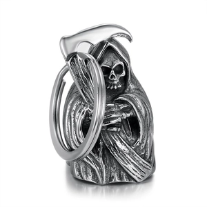 Vintage Stainless Steel Grim Reaper Skull Bell Keychain Scythe Design Guardian Bell Pendant Motorcycle Exorcism Jewelry