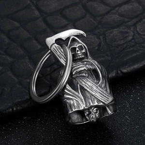 Vintage stainless steel grim reaper bell keychain with skull and scythe design