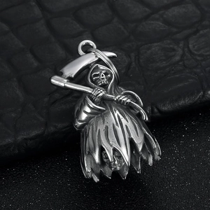 Gothic silver stainless steel Grim Reaper skull pendant with scythe for biker keychain