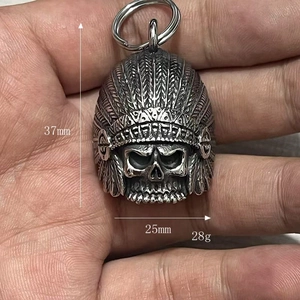 Macro shot of biker skull pendant with Indian headdress showing 37mm height dimension