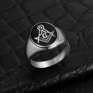 Bague maçonnique pour homme en acier inoxydable argenté avec émail noir et signe G
