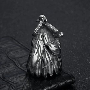 Silver vintage eagle head motorcycle guardian bell pendant with detailed feather carving