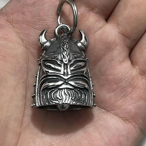 Vintage stainless steel Viking helmet bell keychain with Nordic carvings for motorcyclists