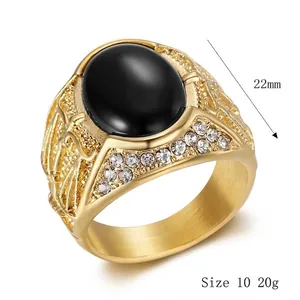 Men's hip hop gold stainless steel ring with black stone and cubic zirconia accents