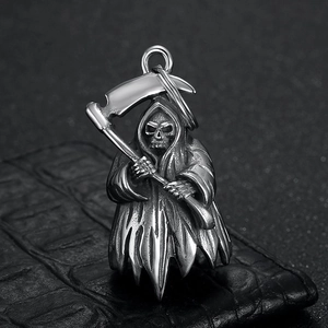 Gothic Grim Reaper skull pendant with scythe in vintage stainless steel finish