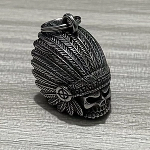 Biker style stainless steel Indian skull bell pendant with detailed feather headdress