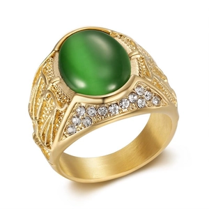 Hip hop gold plated stainless steel Libra ring with green cat eye stone and rhinestones