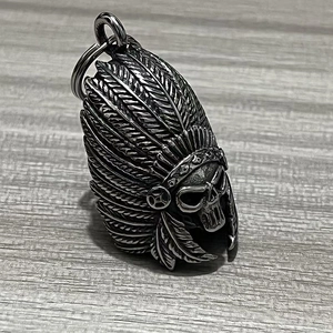 Biker style stainless steel Indian skull guardian bell pendant with feather headdress