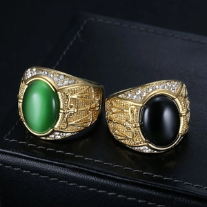Hip Hop Stainless Steel Libra Ring For Men Gold Plated Pave Rhinestone Green Black Cat Eye Stone Retro Signet Ring Jewelry
