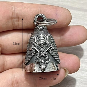 Detailed size view of stainless steel skull wing motorcycle bell pendant 42mm x 26mm