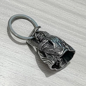 Gothic reaper bell keychain with skeleton clapper in vintage silver stainless steel finish